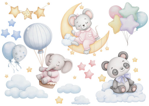 Good night cute animals watercolor clipart