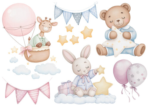 Good night cute animals watercolor clipart