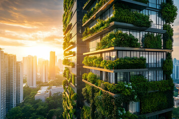 A vibrant urban skyline features a sleek green building illuminated by the warm glow of sunset