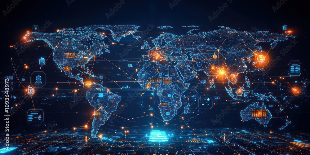 Aufkleber A Digital World Map with Interconnected Nodes and Data Flows