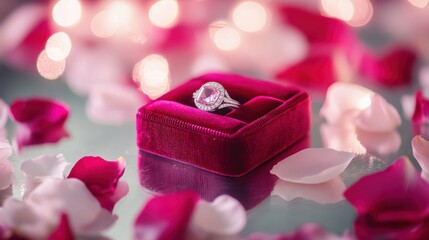Vibrant pink velvet ring box showcasing a platinum ring with a large gemstone, surrounded by blush and white rose petals on a reflective glass surface, creating a dreamy and elegant composition.