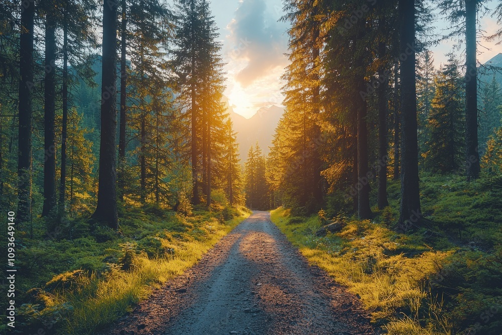 Poster sunlit path through dense evergreen forest