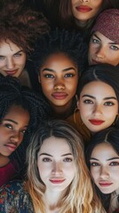Obraz premium A group of diverse women highlighting unity, natural beauty, and empowerment, all gazing confidently towards the camera.