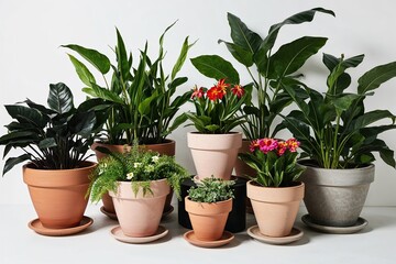 Obraz premium Stunning Plant Pots Displaying Lush Foliage and Vibrant Blooms on White Background