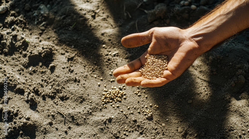 Poster a hand is scattering seeds across freshly tilled soil, showcasing the act of planting in a garden se