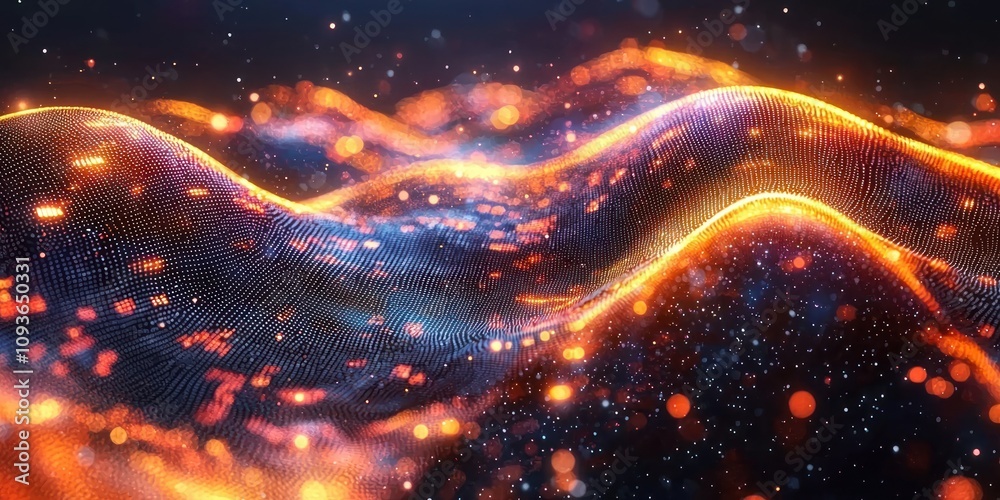 Poster abstract wavy surface with glowing orange and red lights