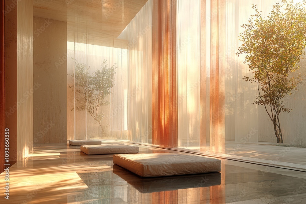 Poster two cushions resting on a reflective floor in a room with sheer curtains and a tree outside