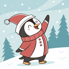 A cheerful penguin dressed in a festive Christmas outfit, featuring a red Santa hat and a cozy green scarf, standing in a snowy winter wonderland with twinkling lights and holiday decorations