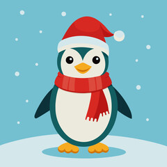 A cheerful penguin dressed in a festive Christmas outfit, featuring a red Santa hat and a cozy green scarf, standing in a snowy winter wonderland with twinkling lights and holiday decorations