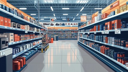 Large auto parts store interior. Extensive variety of products displayed on shelves. Aisles full of merchandise. Store offers wide selection of car parts tools, accessories for vehicle maintenance,