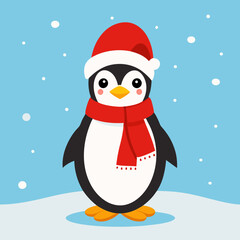 A cheerful penguin dressed in a festive Christmas outfit, featuring a red Santa hat and a cozy green scarf, standing in a snowy winter wonderland with twinkling lights and holiday decorations