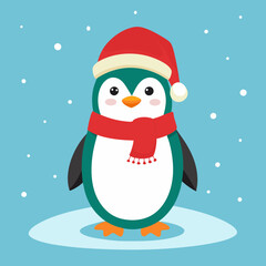 A cheerful penguin dressed in a festive Christmas outfit, featuring a red Santa hat and a cozy green scarf, standing in a snowy winter wonderland with twinkling lights and holiday decorations