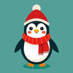 A cheerful penguin dressed in a festive Christmas outfit, featuring a red Santa hat and a cozy green scarf, standing in a snowy winter wonderland with twinkling lights and holiday decorations