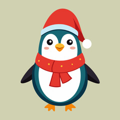A cheerful penguin dressed in a festive Christmas outfit, featuring a red Santa hat and a cozy green scarf, standing in a snowy winter wonderland with twinkling lights and holiday decorations