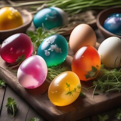 Obraz premium Colorful decorated easter eggs on wooden board with fresh herbs