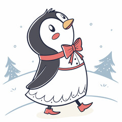 A cheerful penguin dressed in a festive Christmas outfit, featuring a red Santa hat and a cozy green scarf, standing in a snowy winter wonderland with twinkling lights and holiday decorations