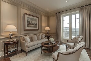 Fototapeta premium Elegant Living Room with White Sofa, Chairs, and Coffee Table