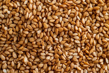 Fototapeta premium Richly Textured Toasted Sesame Seeds in a Detailed Close-Up, Highlighting Their Subtle Warm Hues. Ideal for Recipe Ideas, Ingredient Showcases, or Food Styling.