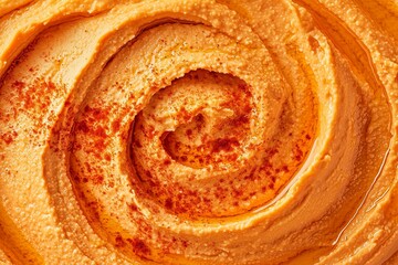 Fototapeta premium Spicy Hummus in a Close-Up View, Capturing Its Smooth Texture and Vibrant Color. Perfect for Food Photography, Mediterranean Cuisine Content, or Recipe Ideas.