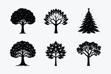 Set of trees black silhouette vector illustration. Perfect tree silhouette vectors for nature-themed designs, backgrounds, and illustrations.