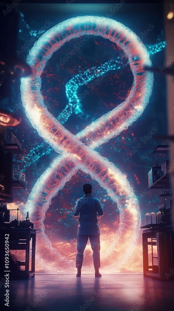 Poster Scientist observes surreal chromosome hologram in futuristic lab. Bioluminescence DNA structure in bio tech research facility. Futuristic bioinformatics tech scene. Amazing genetic discovery shown in