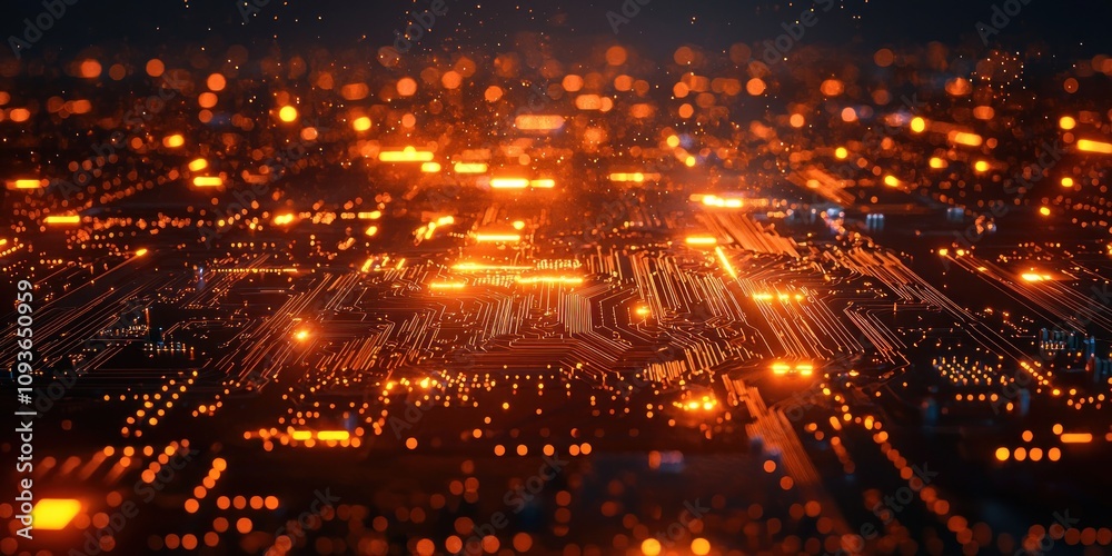 Poster Illuminated Circuit Board with Glowing Lines and Bokeh Effects