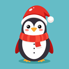 A cheerful penguin dressed in a festive Christmas outfit, featuring a red Santa hat and a cozy green scarf, standing in a snowy winter wonderland with twinkling lights and holiday decorations