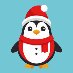 A cheerful penguin dressed in a festive Christmas outfit, featuring a red Santa hat and a cozy green scarf, standing in a snowy winter wonderland with twinkling lights and holiday decorations