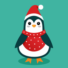 A cheerful penguin dressed in a festive Christmas outfit, featuring a red Santa hat and a cozy green scarf, standing in a snowy winter wonderland with twinkling lights and holiday decorations