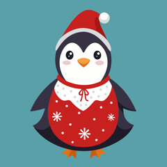 A cheerful penguin dressed in a festive Christmas outfit, featuring a red Santa hat and a cozy green scarf, standing in a snowy winter wonderland with twinkling lights and holiday decorations