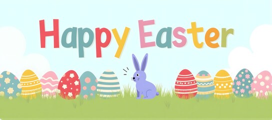 Colorful happy easter design with cute bunny and decorated eggs