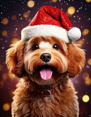 A cockapoo with wearing a Christmas hat against a sparkly background