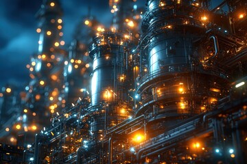 Obraz premium Industrial Complex Illuminated by Warm Lights at Night