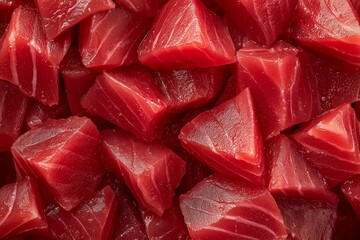 Pile of Sashimi-Grade Tuna Slices, Vibrant and Fresh Cuts Highlighting Premium Quality. Suitable for Japanese Cuisine Articles, Seafood Menus, or Culinary Ads