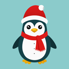 A cheerful penguin dressed in a festive Christmas outfit, featuring a red Santa hat and a cozy green scarf, standing in a snowy winter wonderland with twinkling lights and holiday decorations