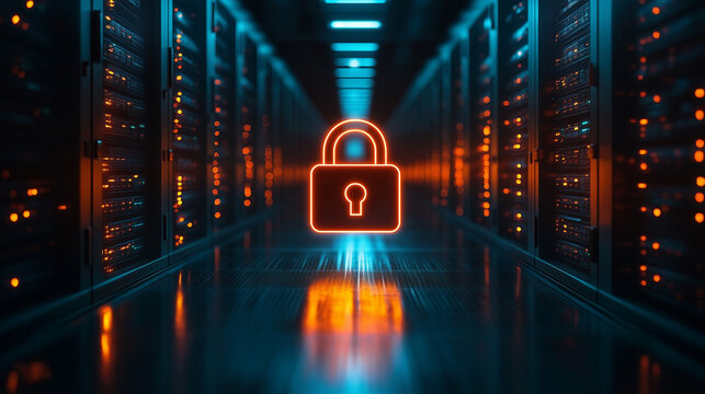 A glowing padlock floating over a server room, representing the concept of secure data storage