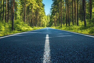 Obraz premium Empty asphalt road leading through a dense pine forest
