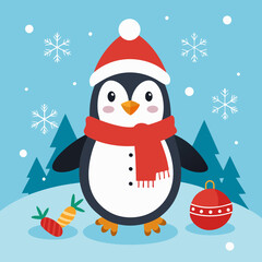 A cheerful penguin dressed in a festive Christmas outfit, featuring a red Santa hat and a cozy green scarf, standing in a snowy winter wonderland with twinkling lights and holiday decorations