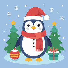 A cheerful penguin dressed in a festive Christmas outfit, featuring a red Santa hat and a cozy green scarf, standing in a snowy winter wonderland with twinkling lights and holiday decorations