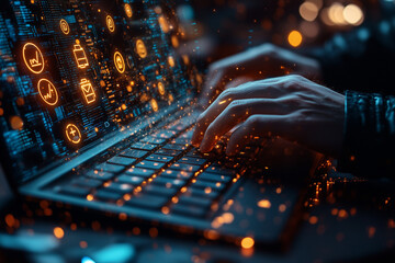 A hacker typing on a keyboard surrounded by holographic phishing symbols, highlighting cyber threats