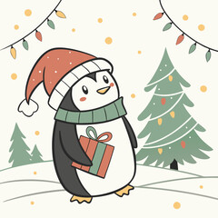 A cheerful penguin dressed in a festive Christmas outfit, featuring a red Santa hat and a cozy green scarf, standing in a snowy winter wonderland with twinkling lights and holiday decorations