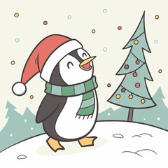 A cheerful penguin dressed in a festive Christmas outfit, featuring a red Santa hat and a cozy green scarf, standing in a snowy winter wonderland with twinkling lights and holiday decorations