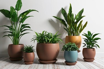 Fototapeta premium Stunning Indoor Plants in Ceramic Pots on Clean White Background 3D Visualization