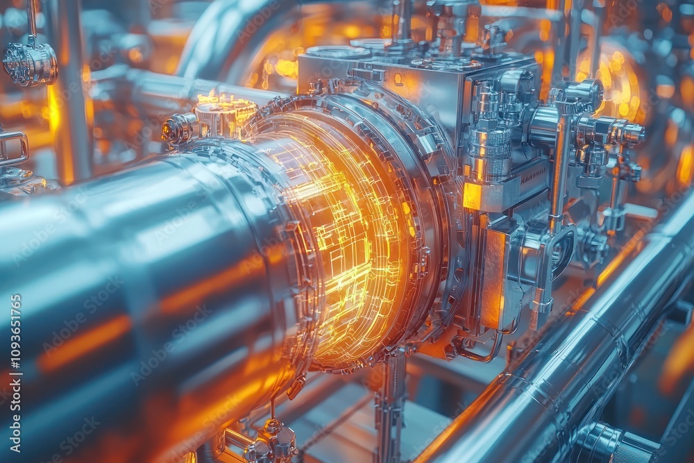 Poster close-up of a futuristic machine with orange glowing circuits