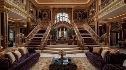  Regal reception hall with grand staircase, gold filigree balustrades, plush velvet furniture, and silk cushions, exuding opulence and elegance.