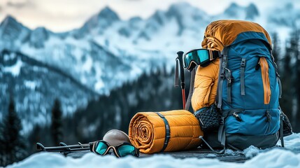 Fototapeta premium Winter backpack with snow trekking poles, rolled-up insulated jacket, and goggles attached, perfect for alpine exploration and adventure.