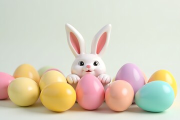 Cute white bunny with colorful easter eggs in pastel shades