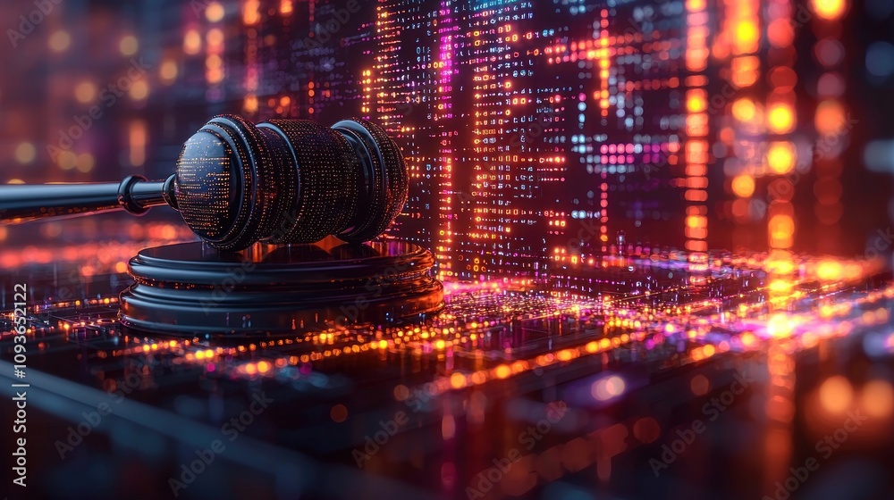 Aufkleber gavel on a digital circuit board with glowing lights