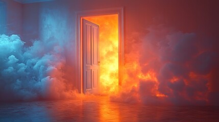 A surreal scene depicting a doorway surrounded by contrasting fire and cool smoke.
