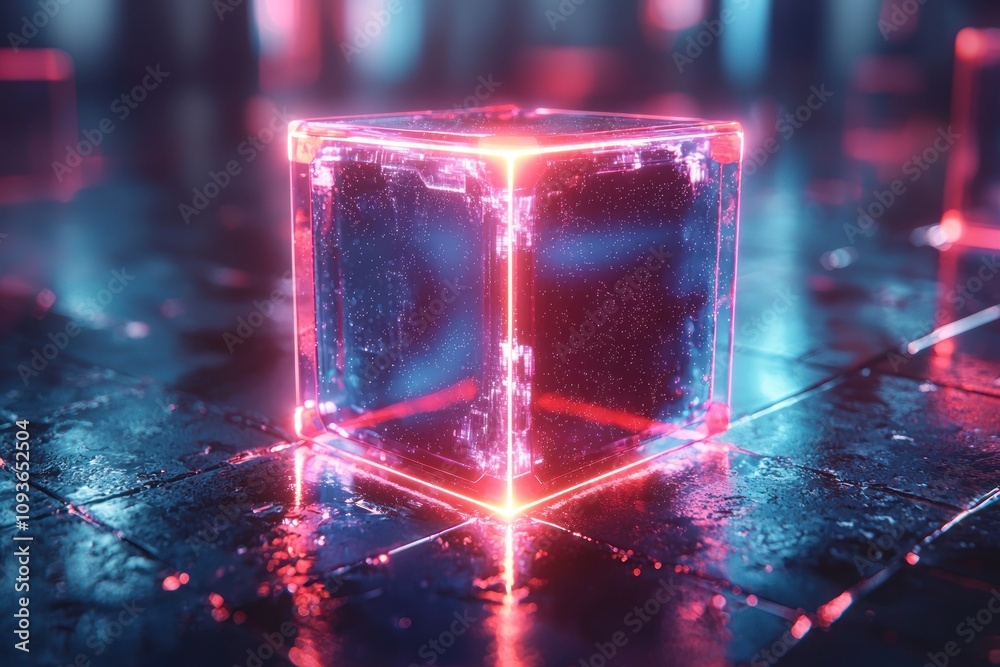 Poster glowing neon cube on wet dark surface